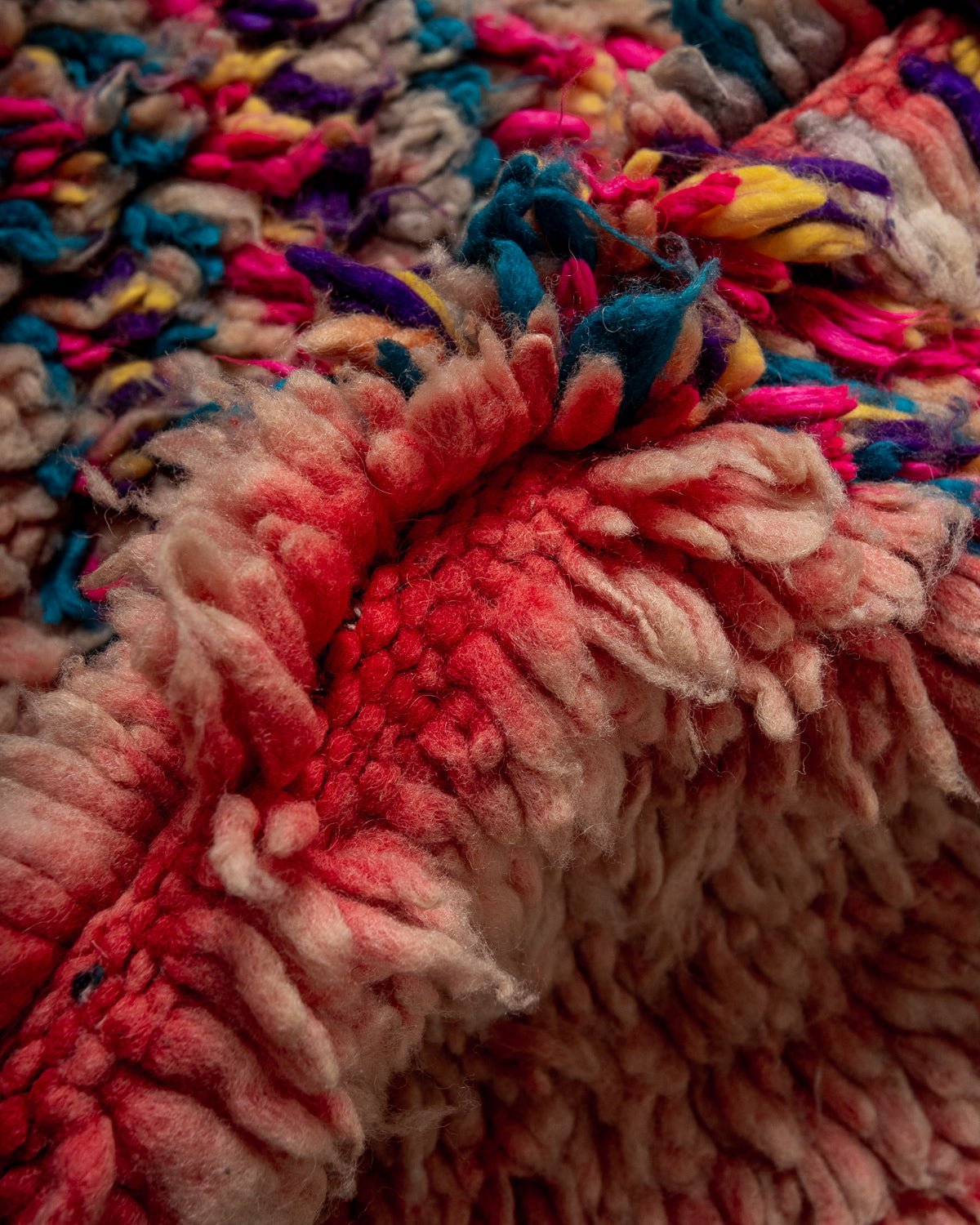 Modern, designer, handcrafted Berber rug from Morocco. Vintage carpet with beautiful colours and patterns and fluffy texture.